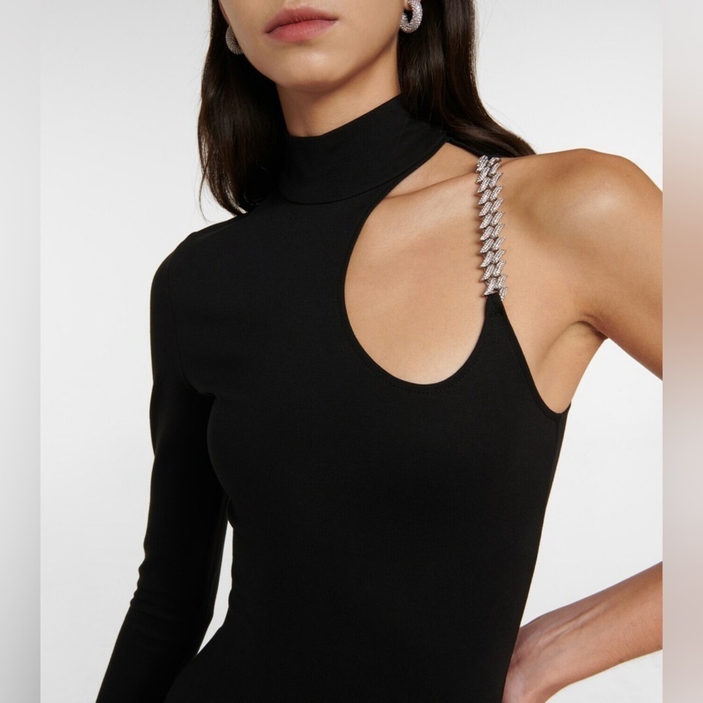 DAVID KOMA One Shoulder Crystal Chain Cut Out Black Dress Size UK8 US4 NWT - Picture 4 of 11